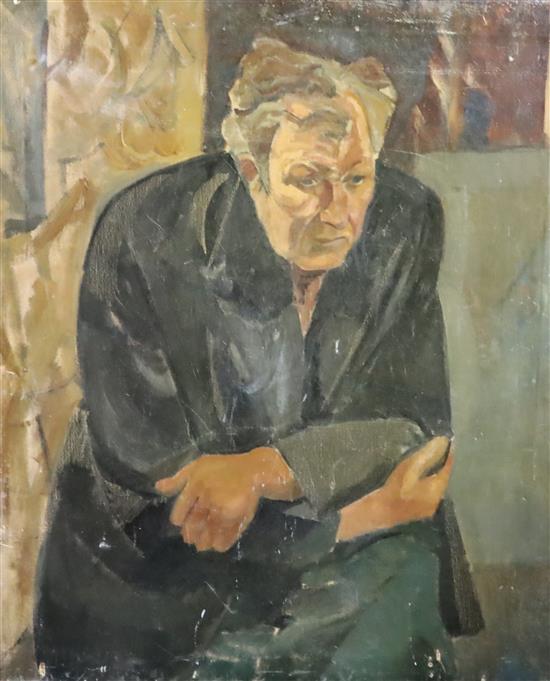 Modern British, oil on canvas, Portrait of Lucien Freud, unsigned, 36 x 30in, unframed. Condition - fair